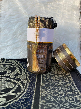 Turkey Prayer Rug Cylinder Set with Crystal Tasbih in Kaaba Design - hadyaa.store