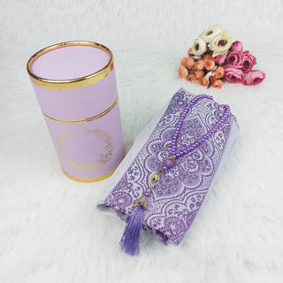 Turkey Prayer Rug Cylinder Set with Crystal Tasbih in Lilac - hadyaa.store