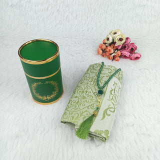 Turkey Prayer Rug Cylinder Set with Crystal Tasbih in Green - hadyaa.store